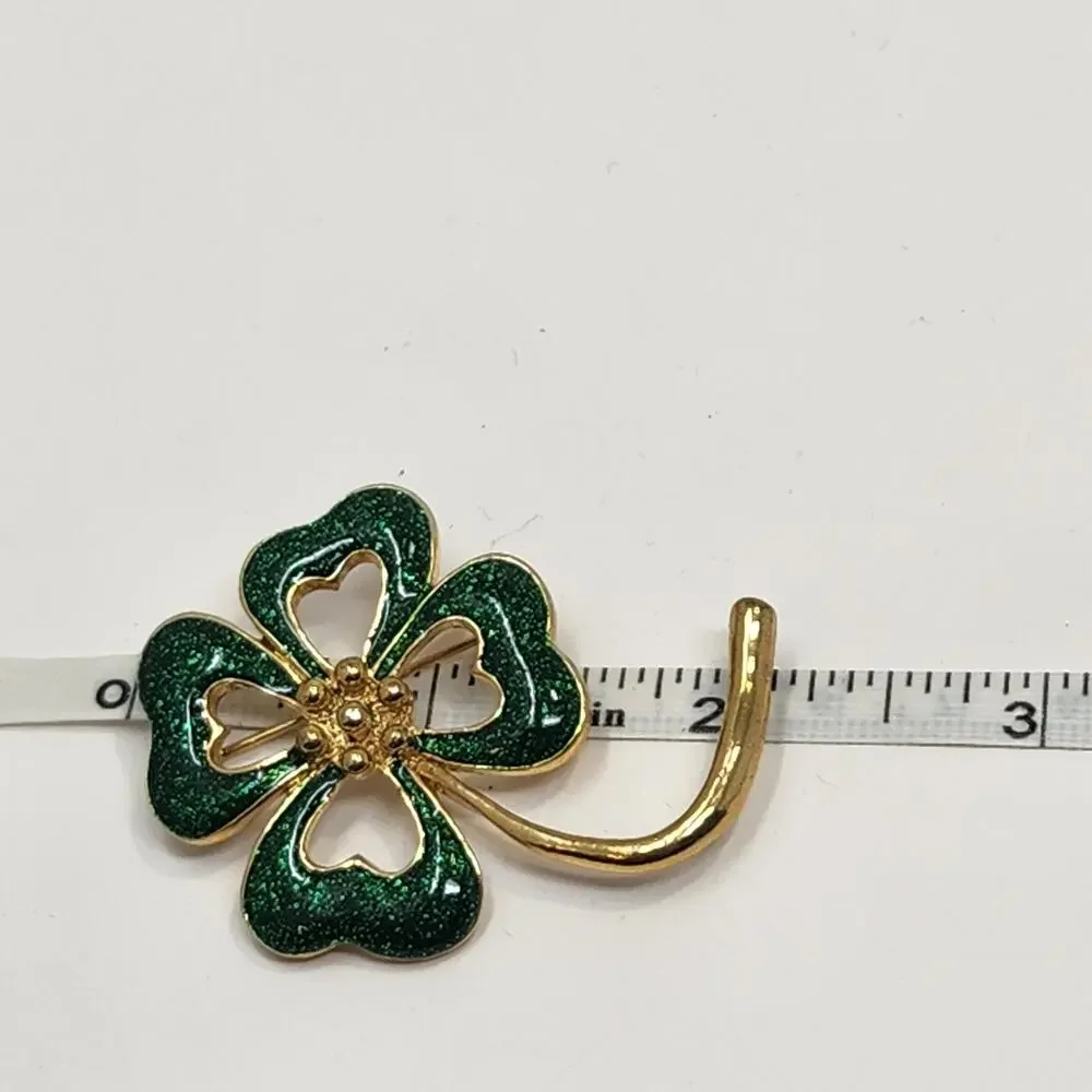 Four Leaf Clover Green Sparkle Enamel Brooch Pin Lucky St Patricks Day Shamrock